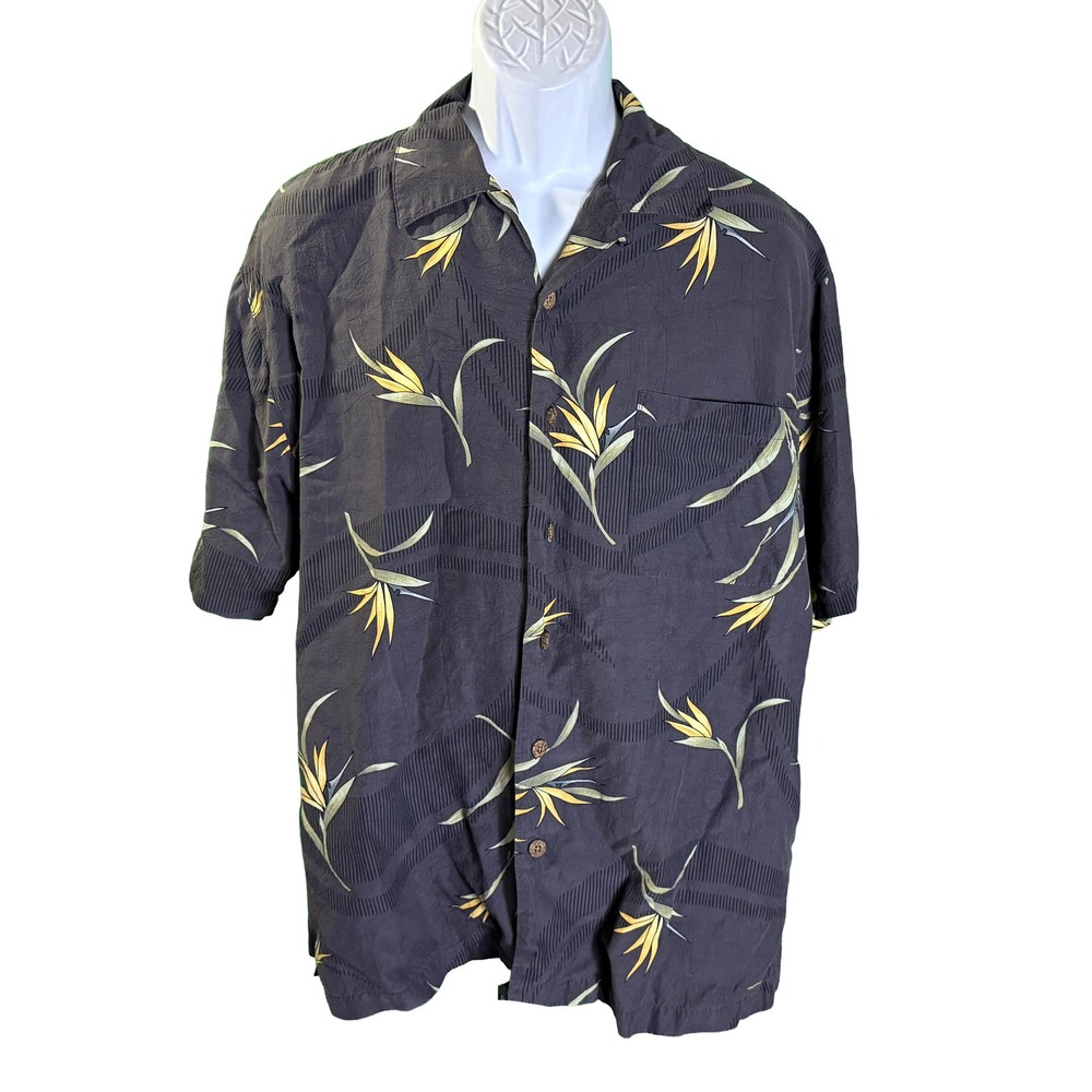 Tommy Bahama Button Up Shirt Mens M Black Bird of Paradise Tropical Camp‎ Rayon